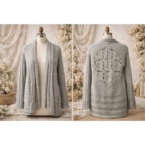 Boho Lace Back Cardigan Medium Romeo & Juliet Gray Open Knit Cottagecore Vibes
